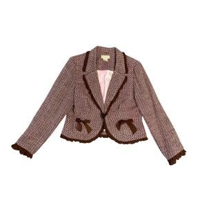 Jonathan Martin Pink & Brown Bow Tweed Blazer Jacket Size 16 / XL Coquette Twee